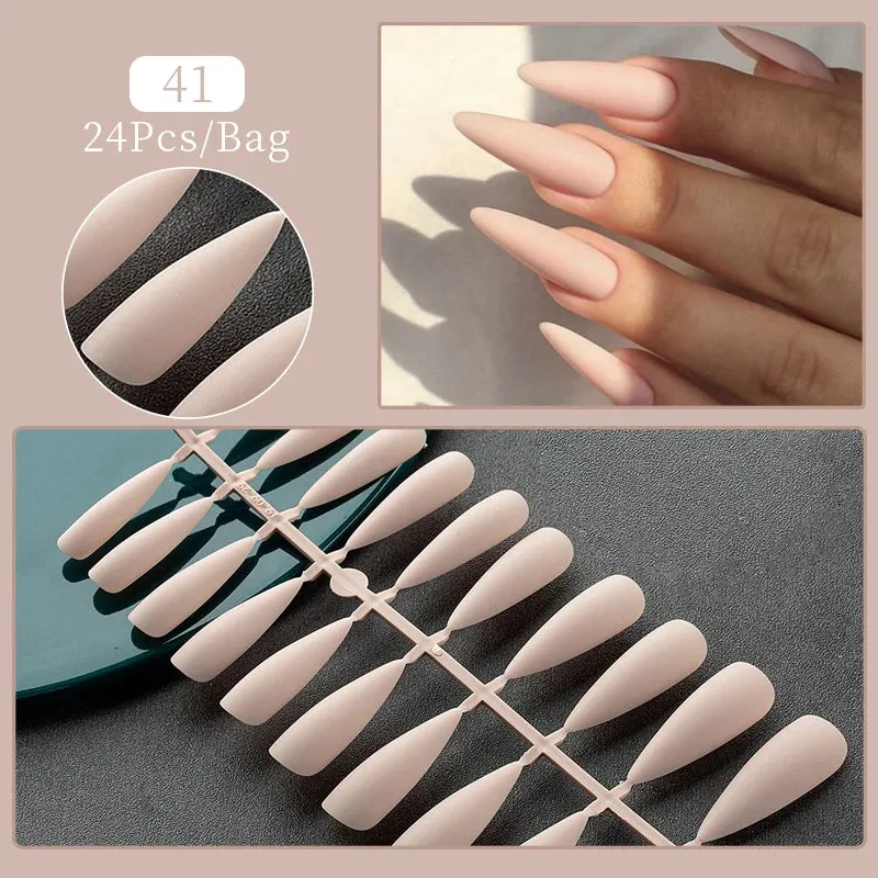 24pcs Sweet Summer Fake Nails Patches Pink Glitter Nude Press on Nails Women Wearable Nail Art Stickers Full Finished False Nail