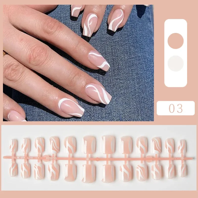 24pcs Sweet Summer Fake Nails Patches Pink Glitter Nude Press on Nails Women Wearable Nail Art Stickers Full Finished False Nail