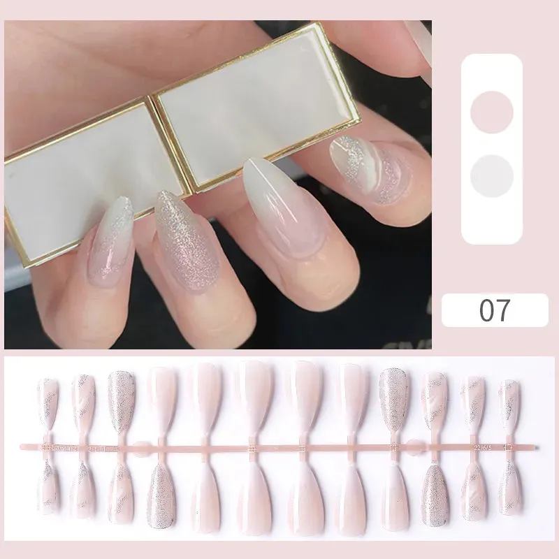 24pcs Sweet Summer Fake Nails Patches Pink Glitter Nude Press on Nails Women Wearable Nail Art Stickers Full Finished False Nail