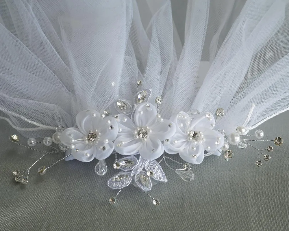 24" Veil - Organza flowers, rhinestones, pearls, and crystals