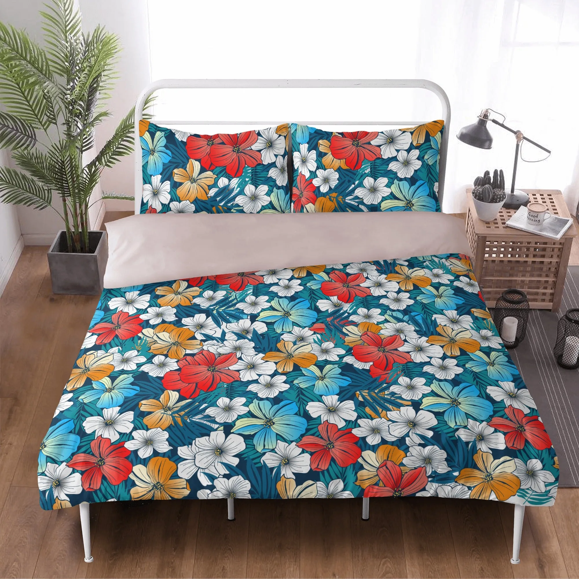 3 Pcs Beddings - Bright Blue Beach Tropical Flowers