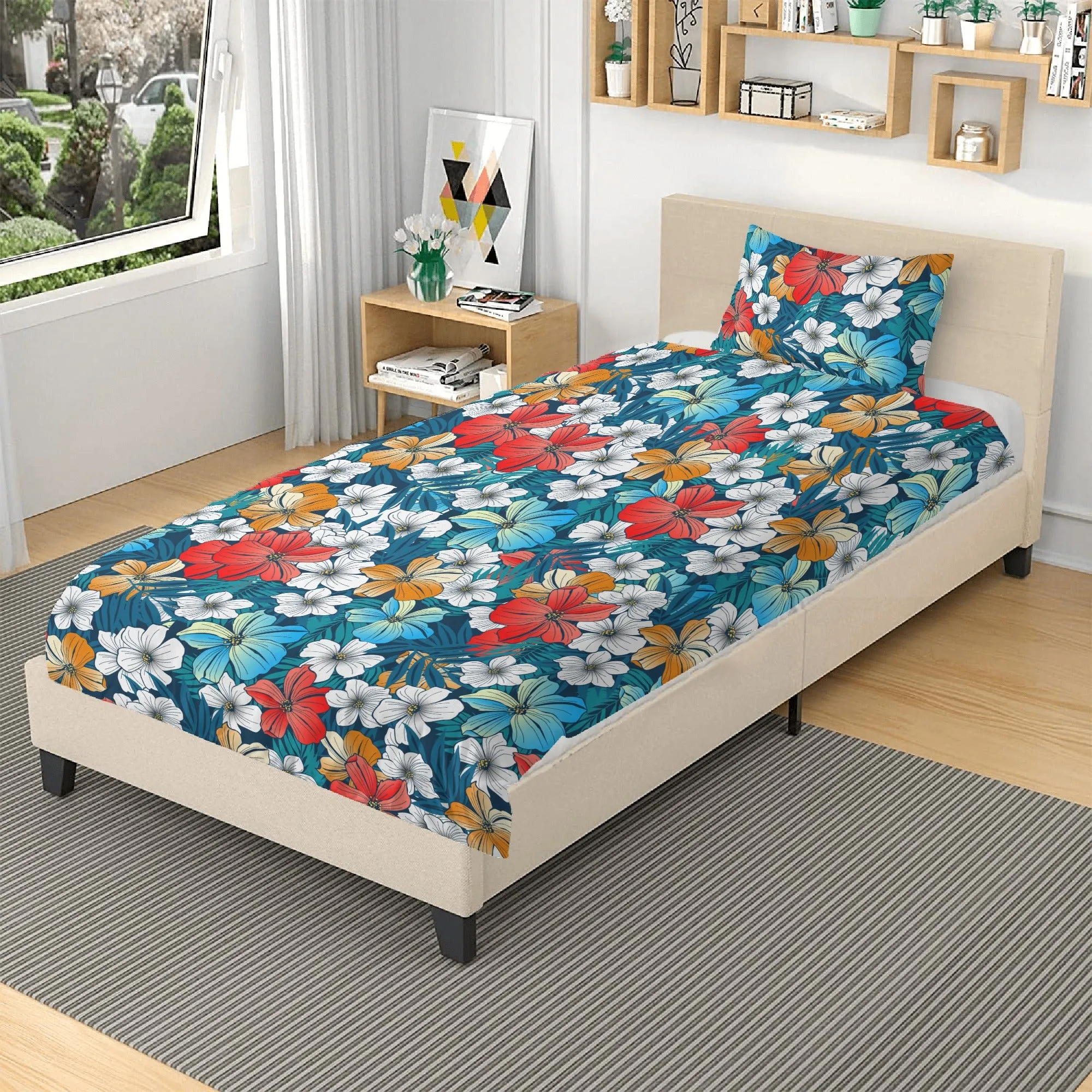 3 Pcs Beddings - Bright Blue Beach Tropical Flowers