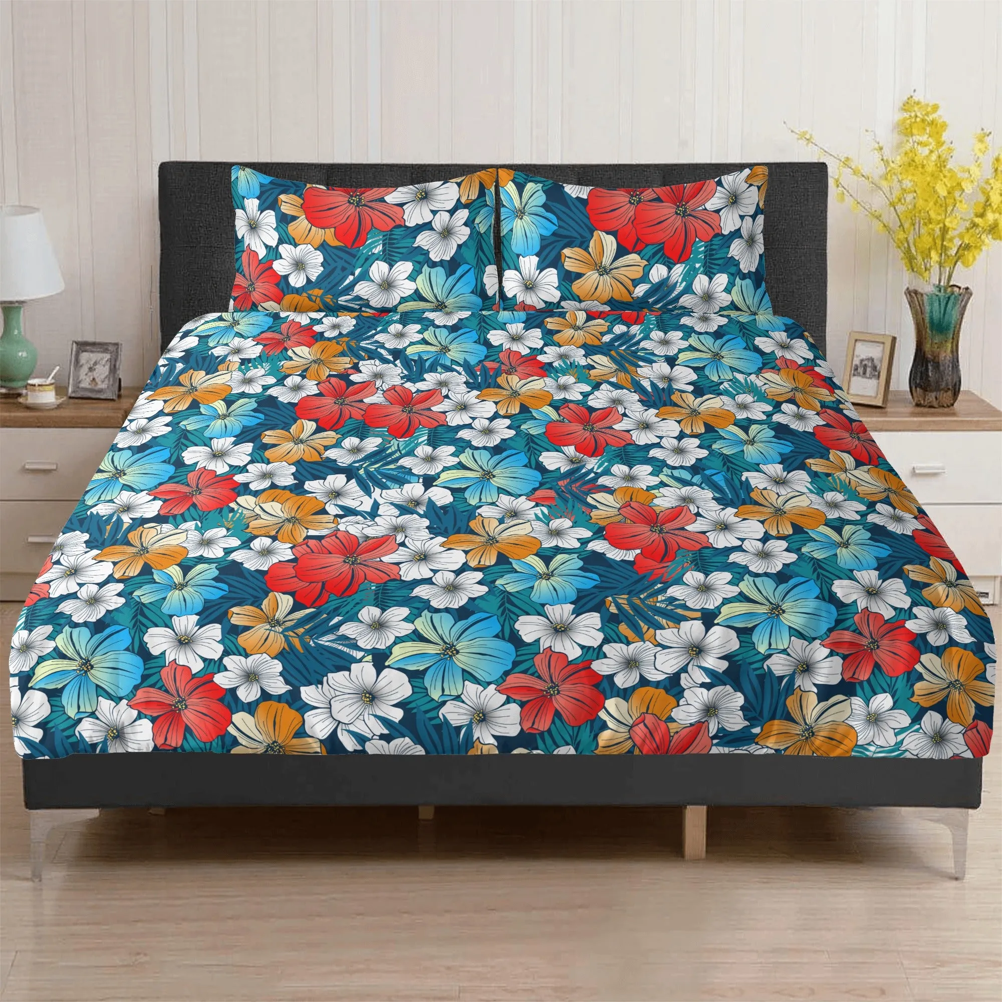 3 Pcs Beddings - Bright Blue Beach Tropical Flowers