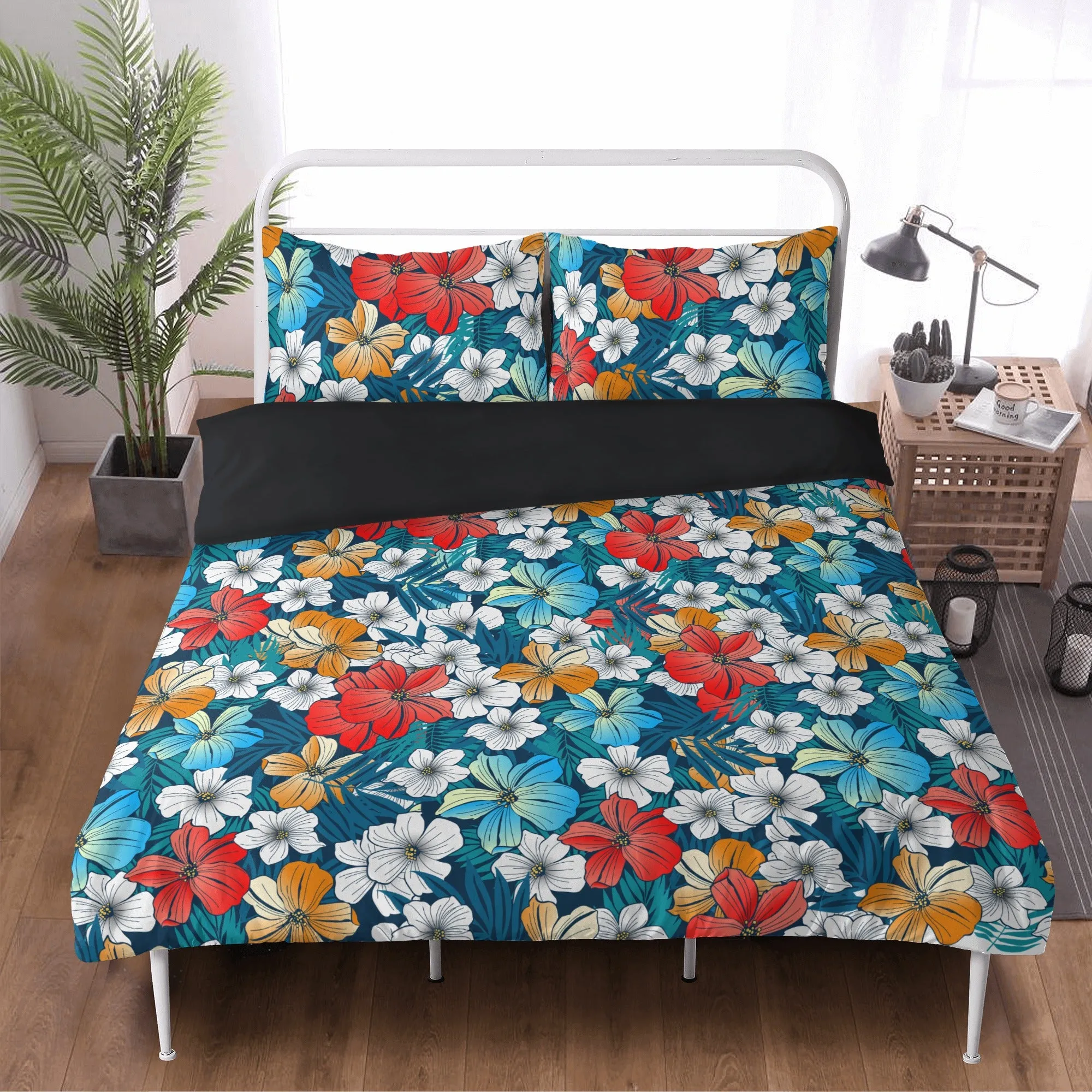 3 Pcs Beddings - Bright Blue Beach Tropical Flowers