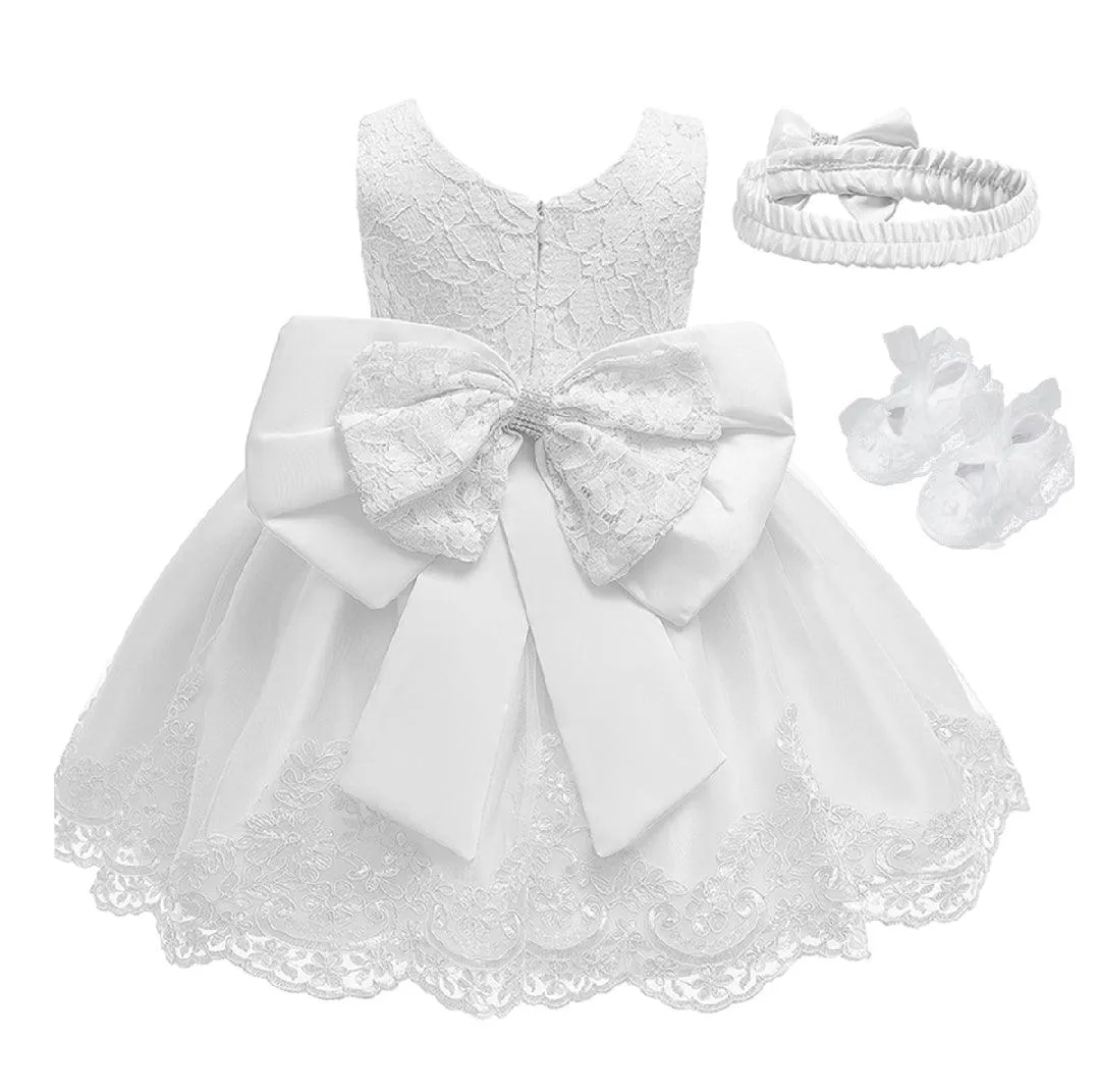 Amelia White Laced Baptism Dress & Accessories Set