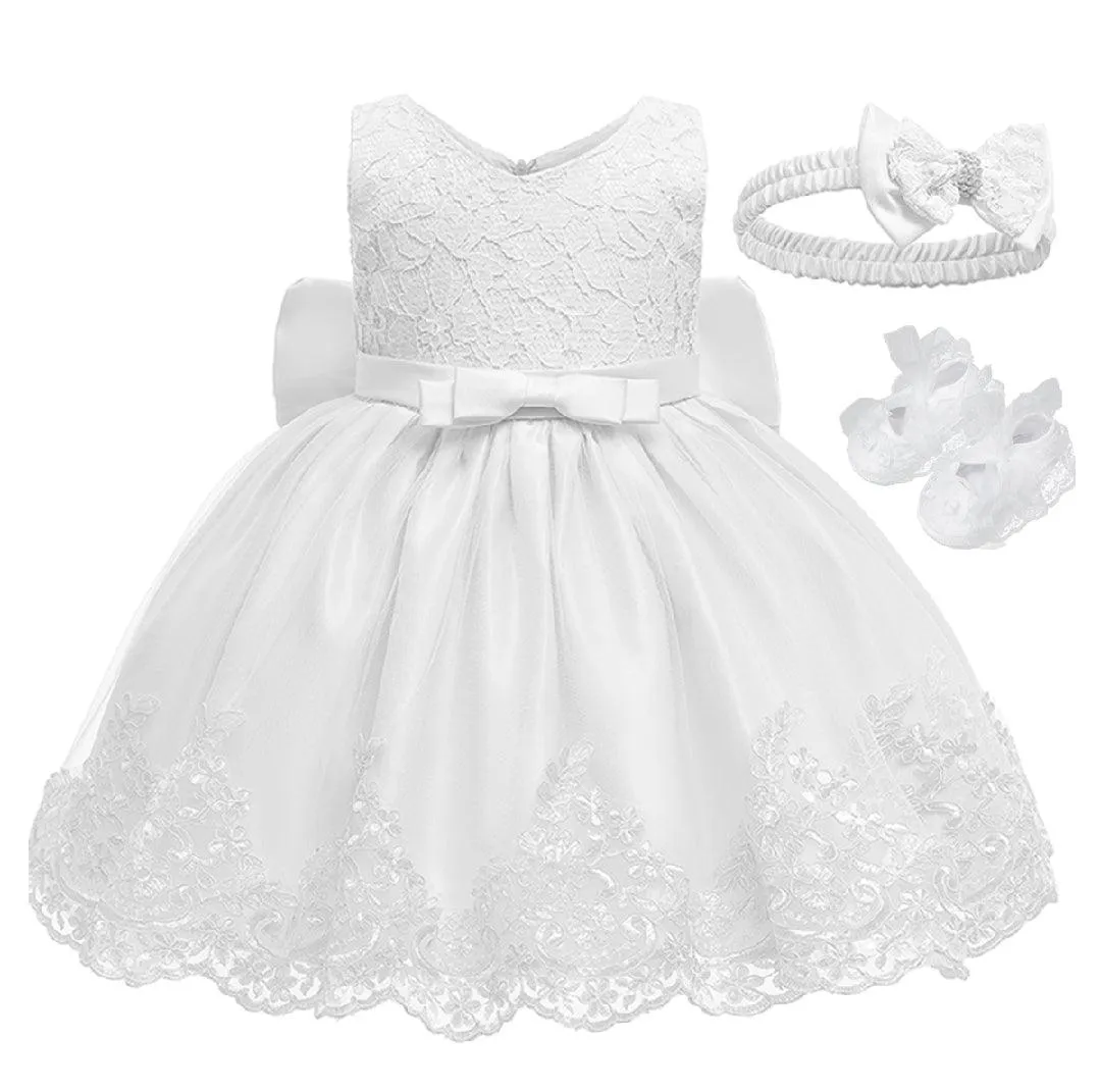 Amelia White Laced Baptism Dress & Accessories Set