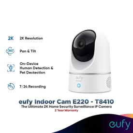 Anker T8410 Indoor Cam E220 2K Pan & Tilt B2C Home Security Camera for Indoor Surveillance Human and Pet AI Works with Voice Assistants Motion Tracking Night Vision