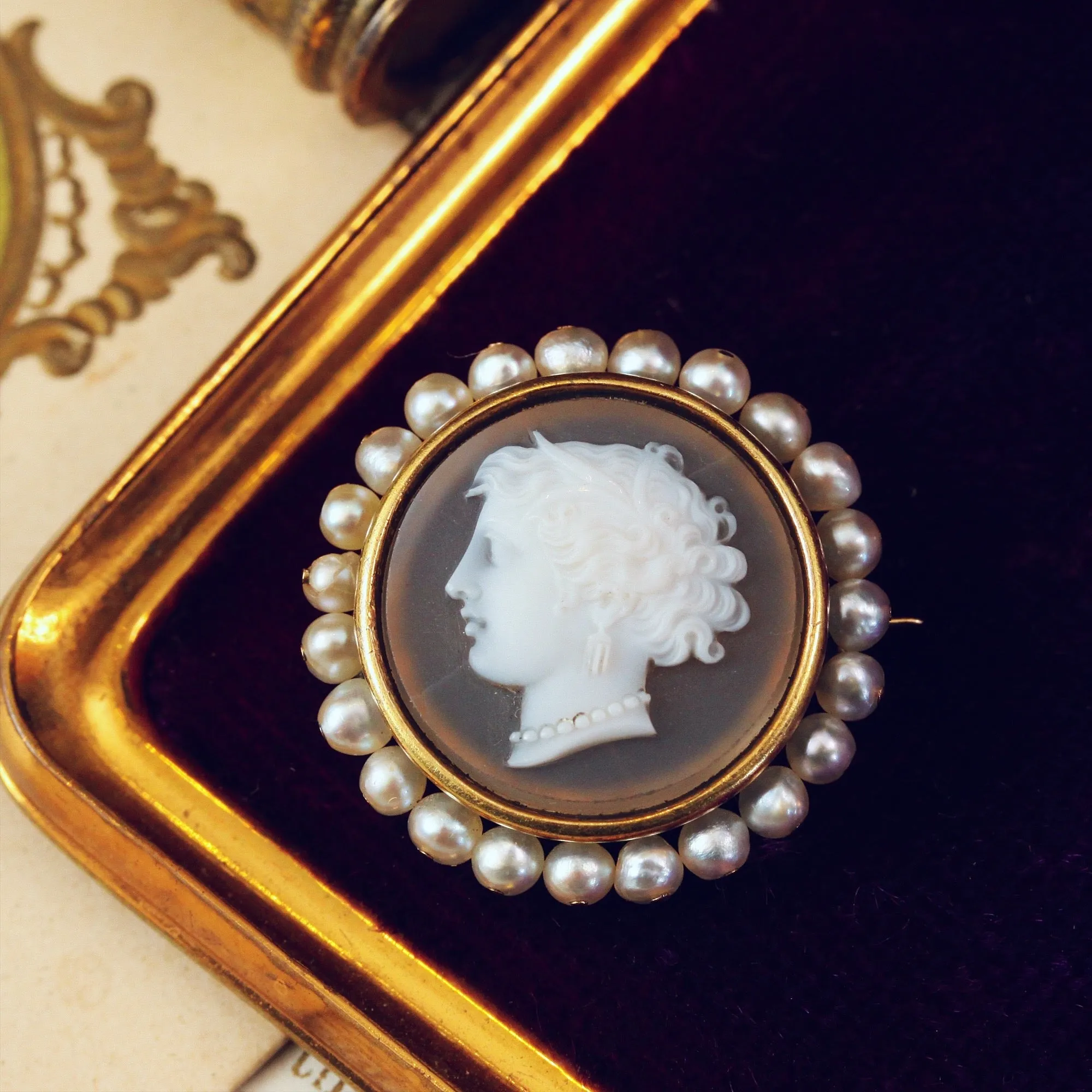 Bejewell'd Beauty! Hardstone Cameo & Wild Pearl Brooch