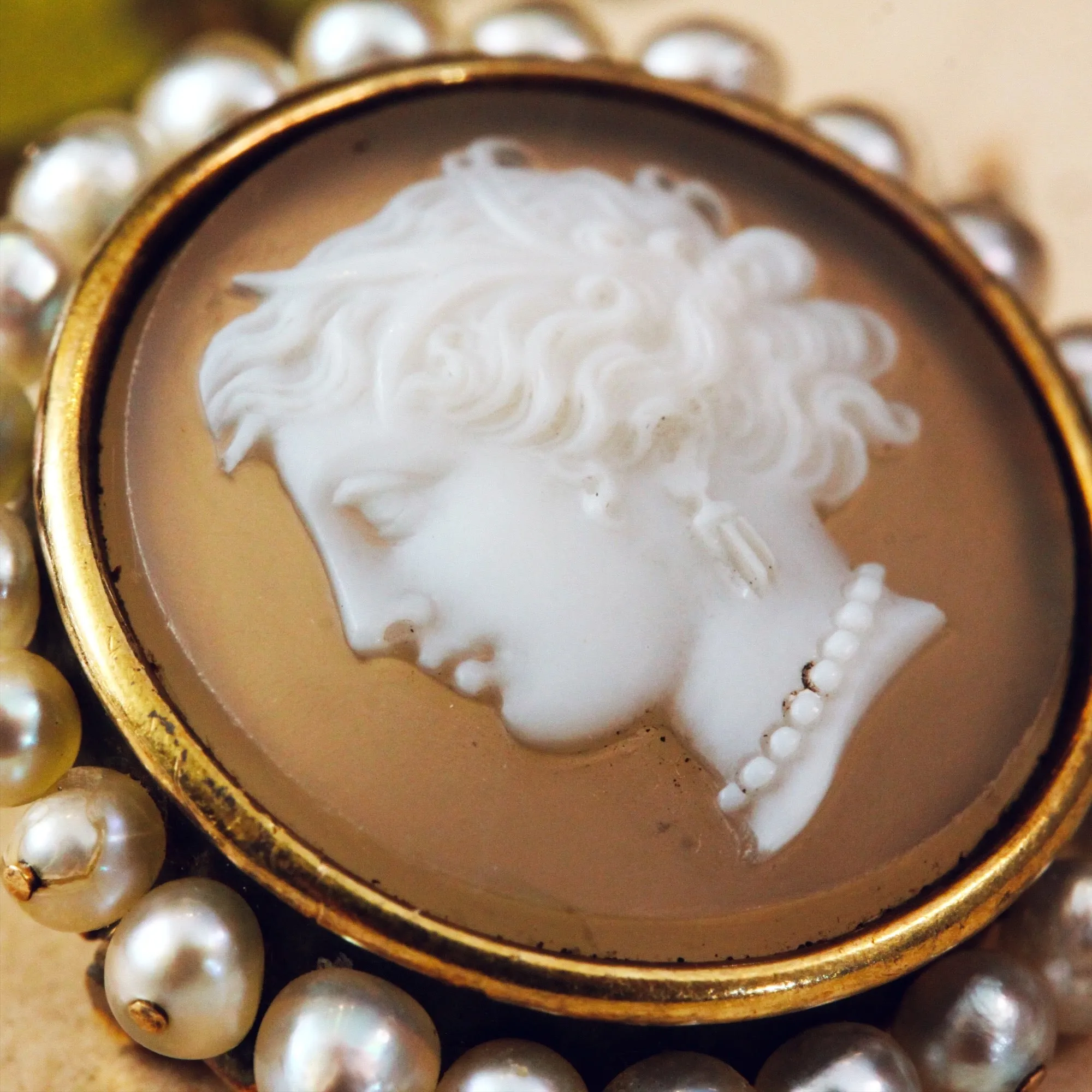 Bejewell'd Beauty! Hardstone Cameo & Wild Pearl Brooch