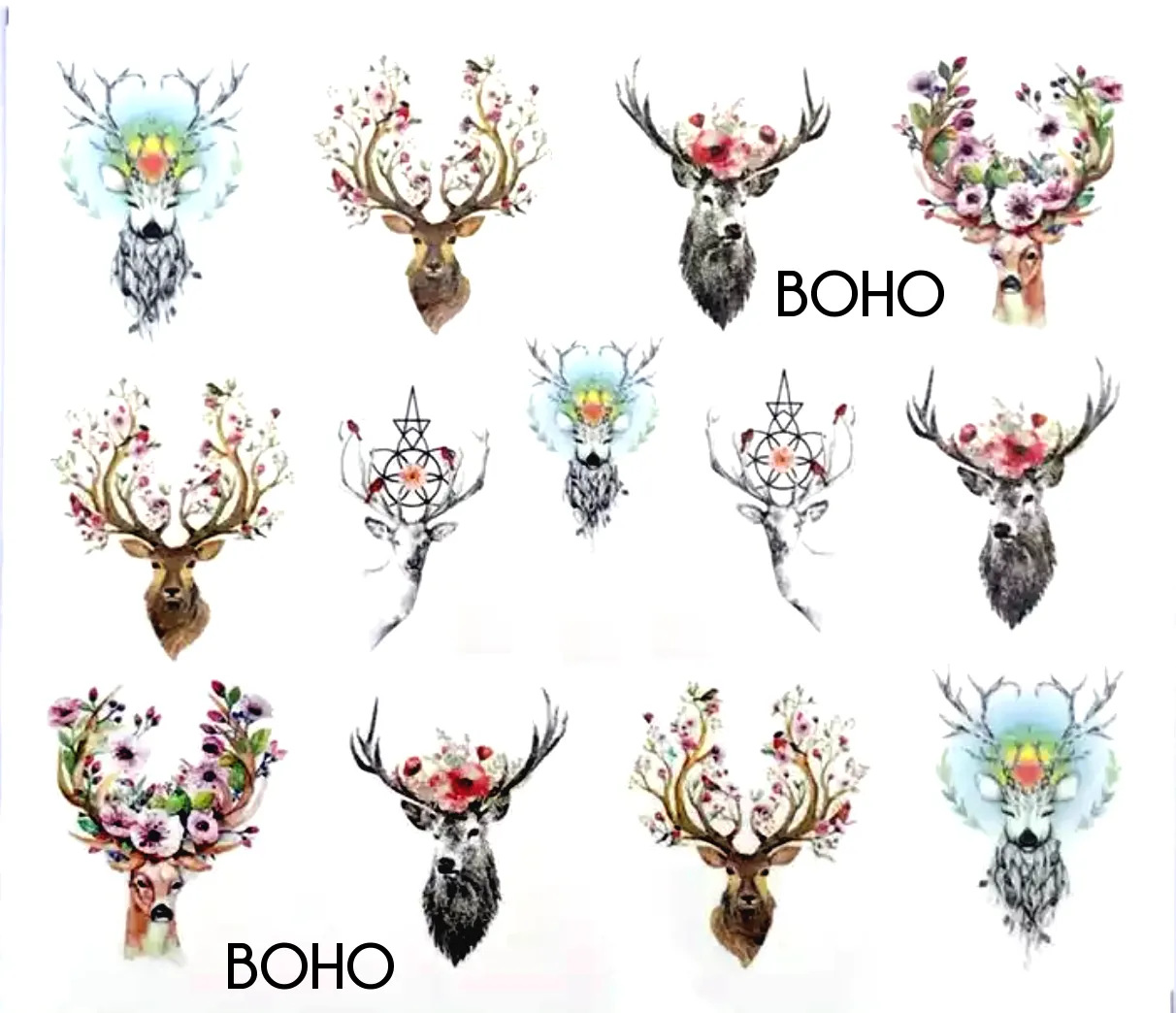 Boho Nail Transfers Deer Antlers Roses Flowers Bohemian Decals Stickers For Fingernails Flower Of Life Geometric Shapes