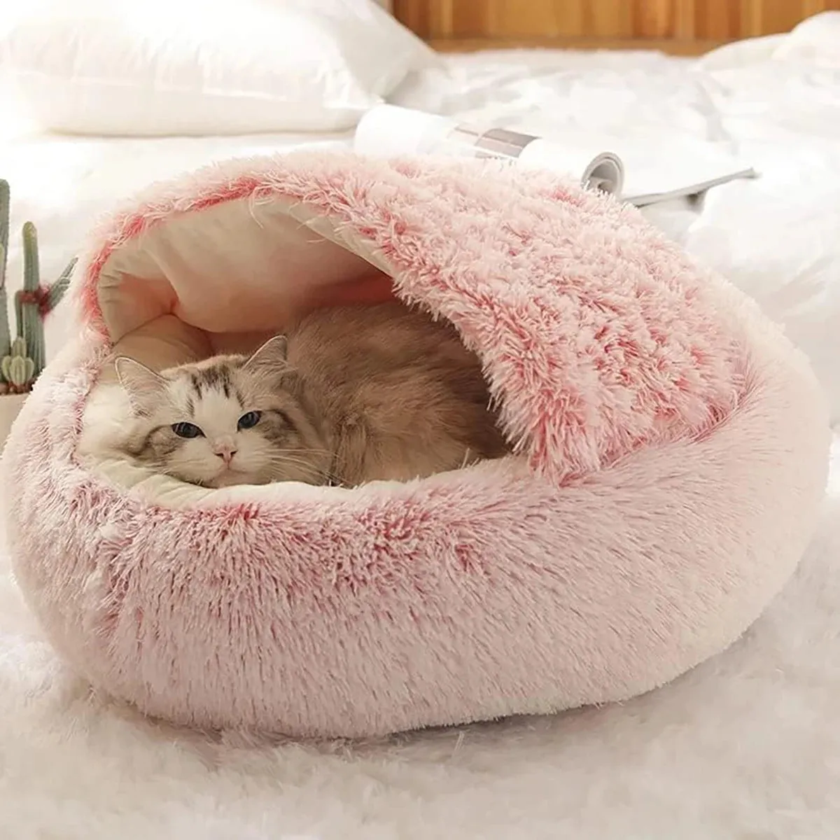 Cat Bed Round Plush Fluffy Hooded