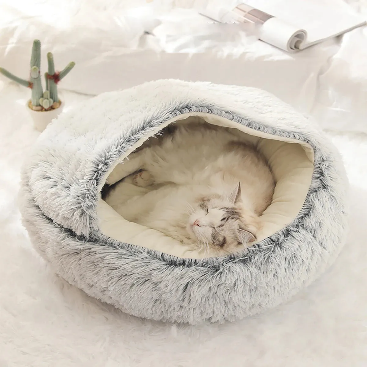 Cat Bed Round Plush Fluffy Hooded