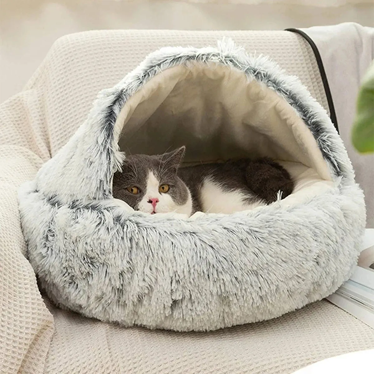 Cat Bed Round Plush Fluffy Hooded