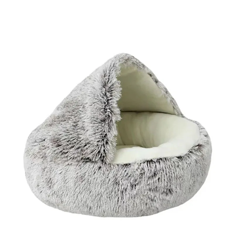 Cat Bed Round Plush Fluffy Hooded