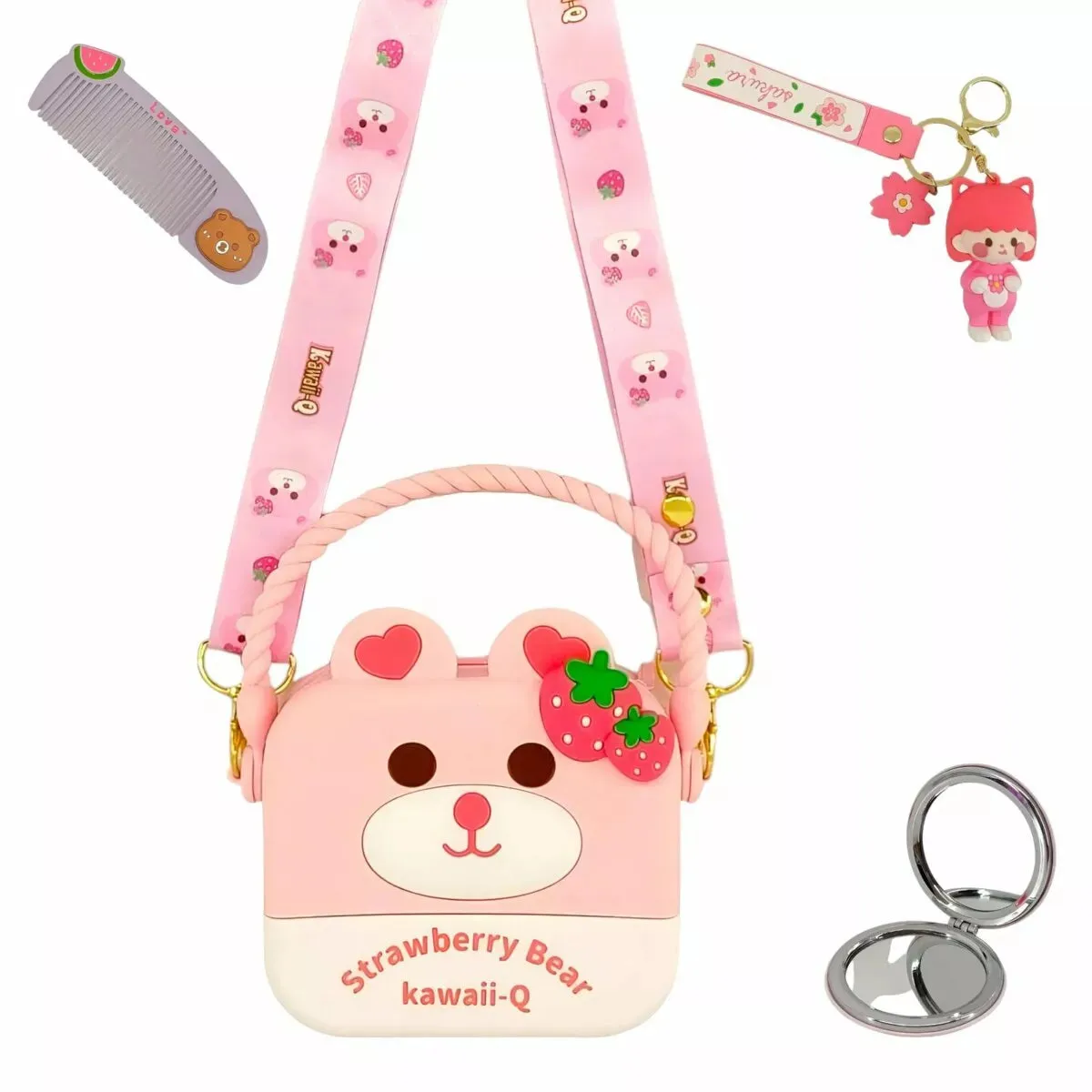 Cute Strawberry Bear Combo For Kids With Mirror, Comb and Silicon Keychain - Pink