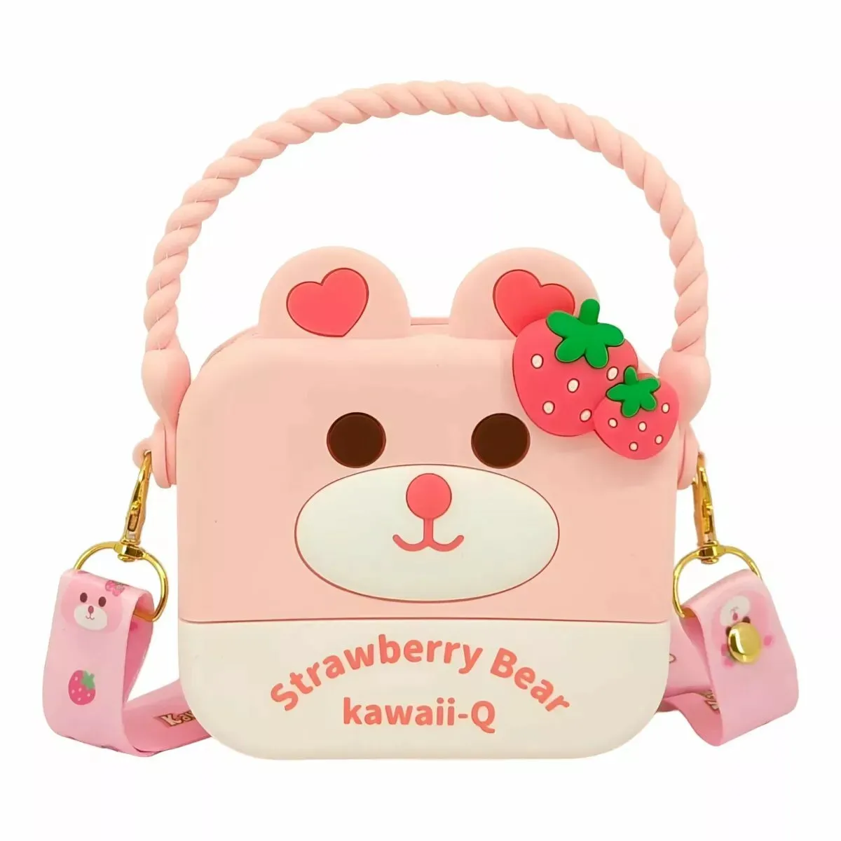 Cute Strawberry Bear Combo For Kids With Mirror, Comb and Silicon Keychain - Pink