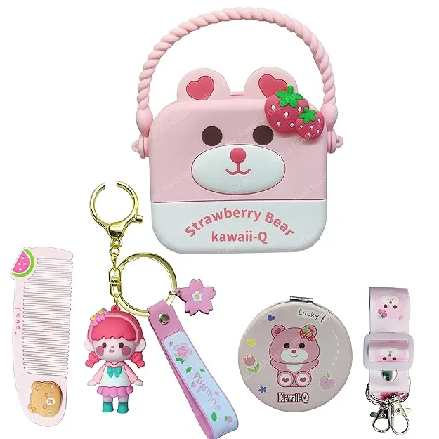 Cute Strawberry Bear Combo For Kids With Mirror, Comb and Silicon Keychain - Pink