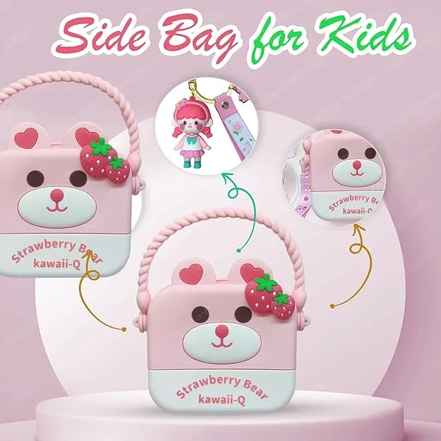 Cute Strawberry Bear Combo For Kids With Mirror, Comb and Silicon Keychain - Pink