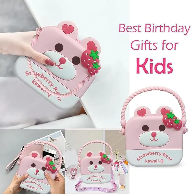 Cute Strawberry Bear Combo For Kids With Mirror, Comb and Silicon Keychain - Pink