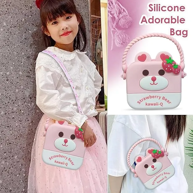 Cute Strawberry Bear Combo For Kids With Mirror, Comb and Silicon Keychain - Pink