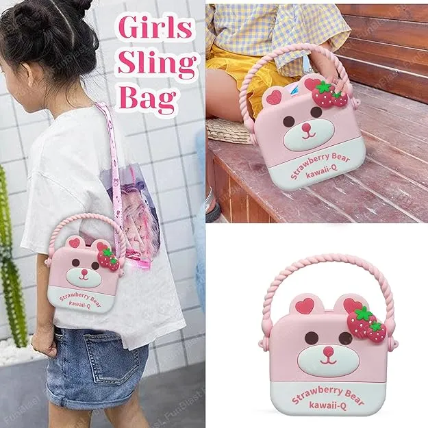 Cute Strawberry Bear Combo For Kids With Mirror, Comb and Silicon Keychain - Pink