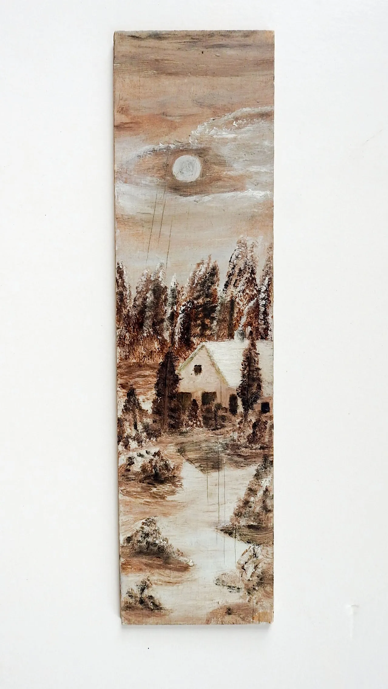 Folk Art Winter Landscape Long Format Painting