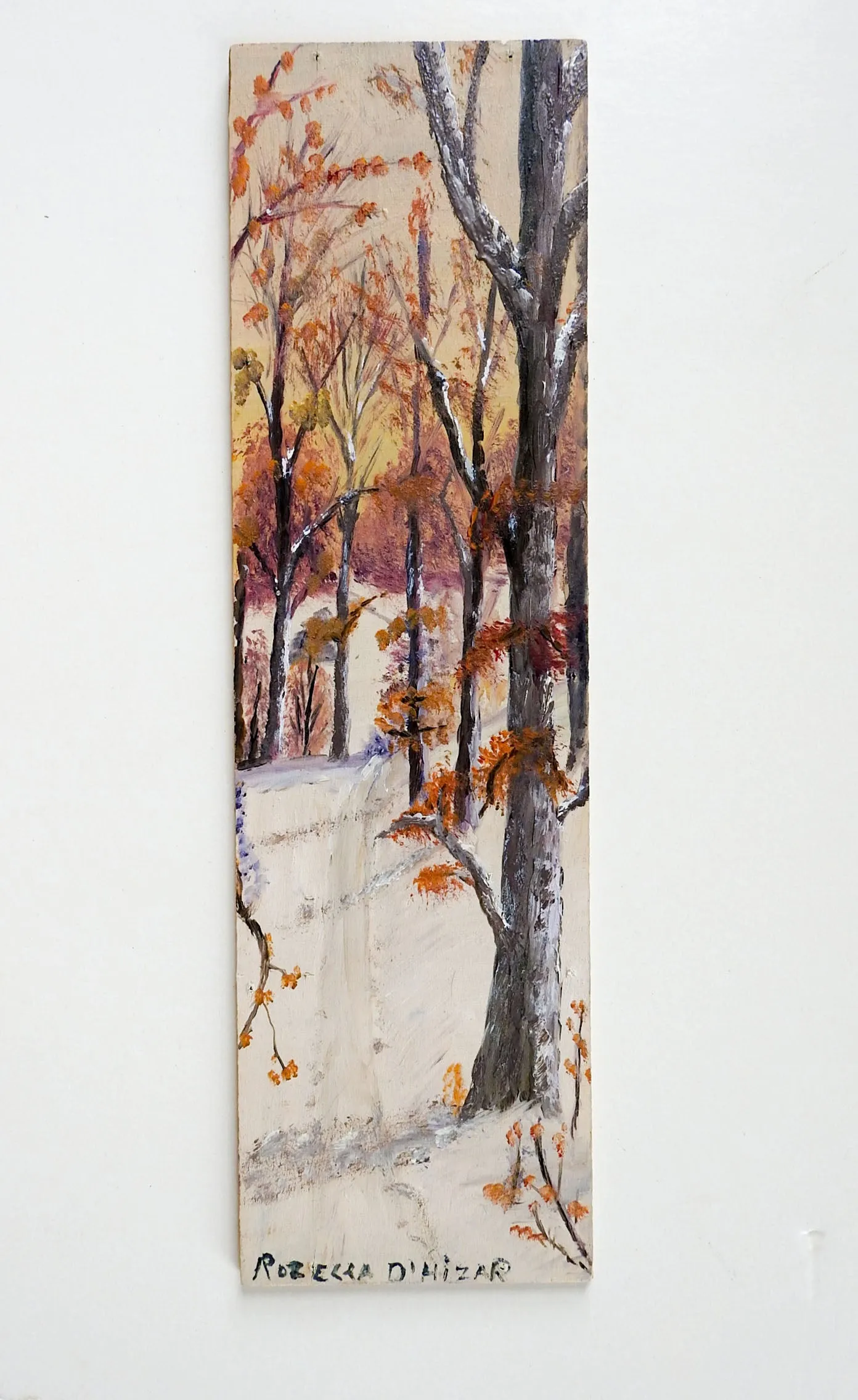 Folk Art Winter Snow Landscape Long Format Painting