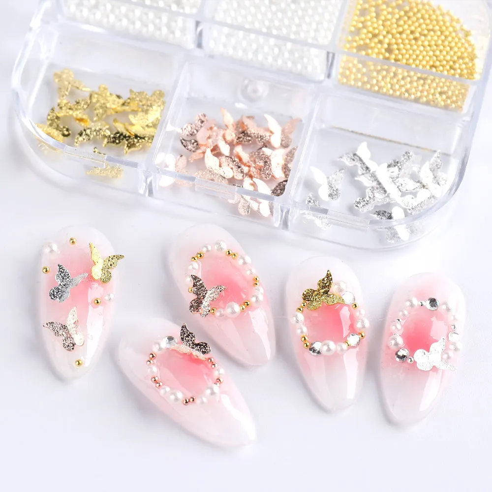 Metal 3D Butterfly And Pearl Nail Decoration (6-Grid Tray)