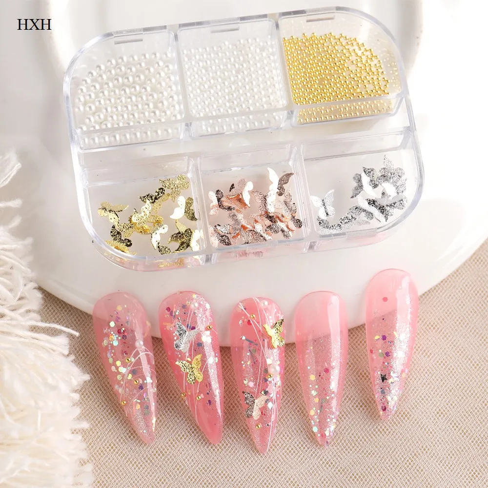 Metal 3D Butterfly And Pearl Nail Decoration (6-Grid Tray)