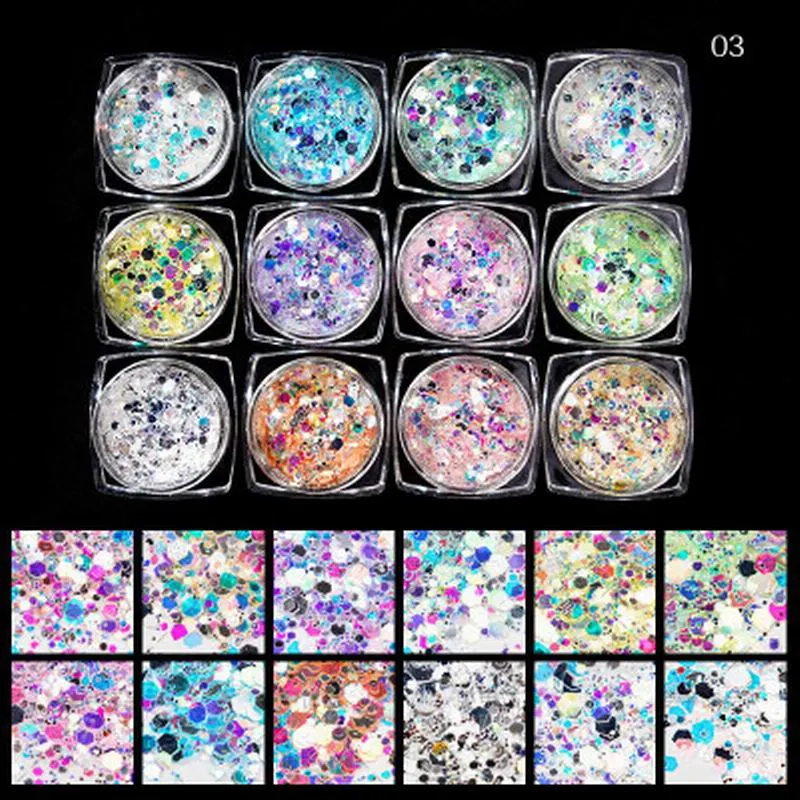 Multicolour Glitter Sequins Nail Art (12 Jars Tray)