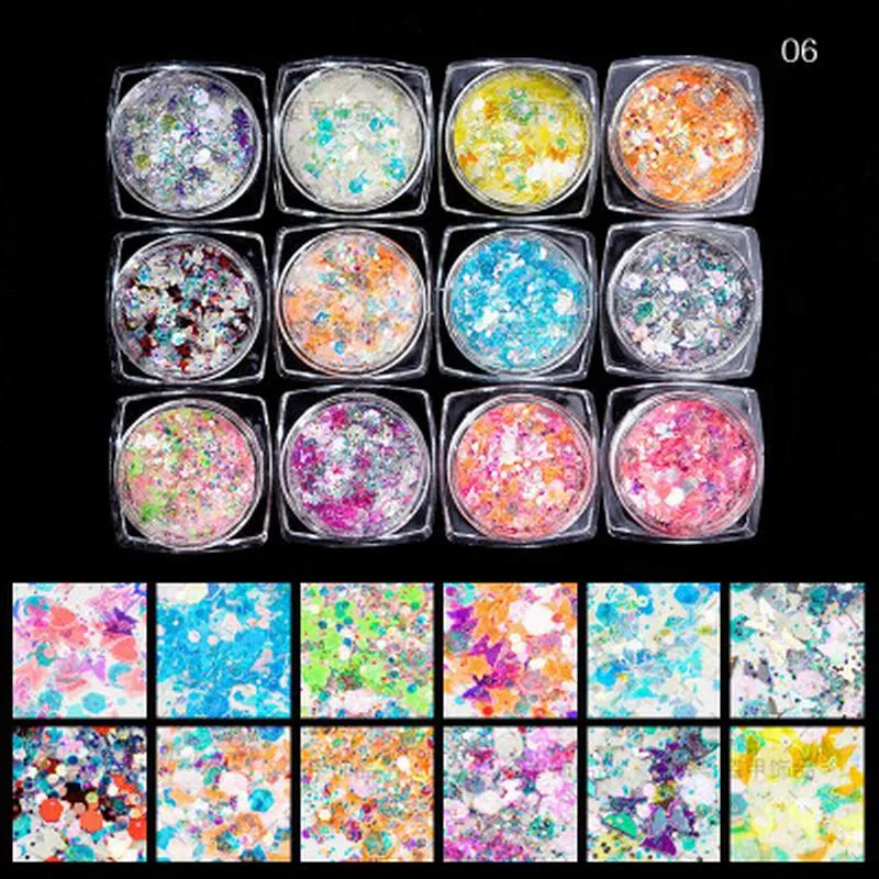 Multicolour Glitter Sequins Nail Art (12 Jars Tray)