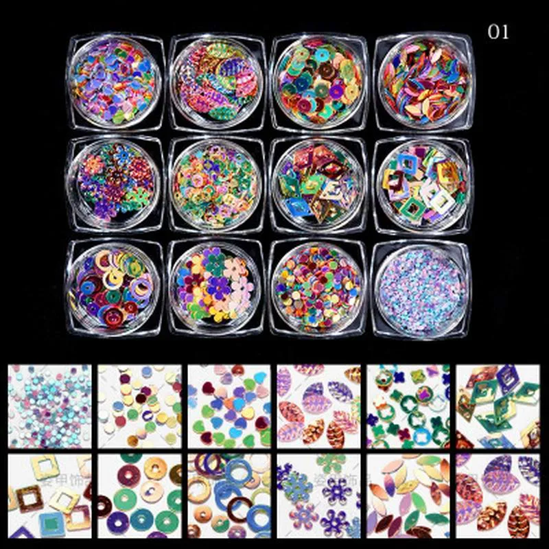 Multicolour Glitter Sequins Nail Art (12 Jars Tray)