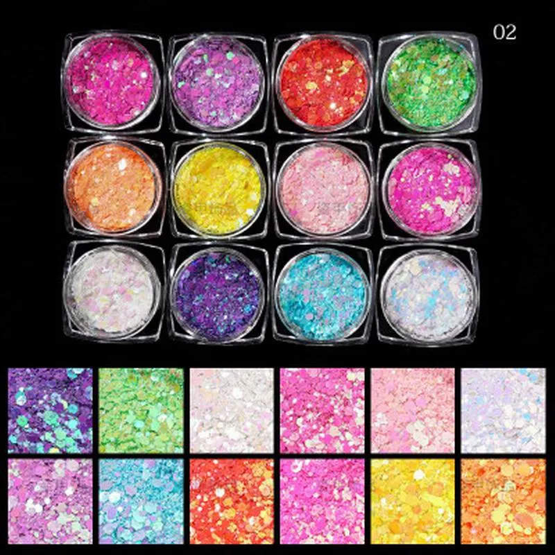 Multicolour Glitter Sequins Nail Art (12 Jars Tray)