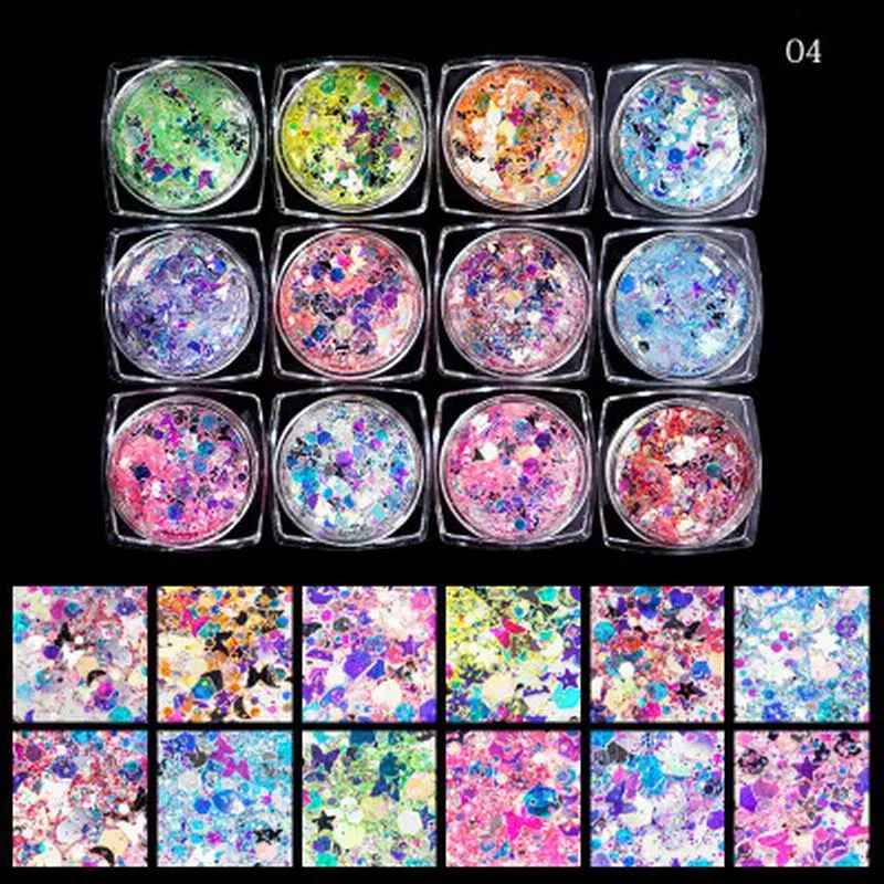 Multicolour Glitter Sequins Nail Art (12 Jars Tray)