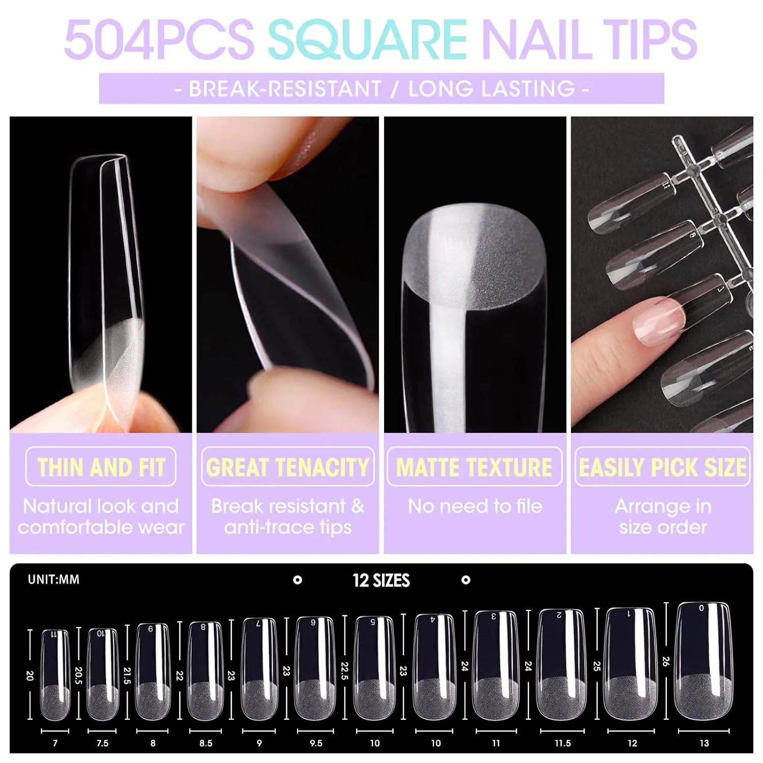 Nail Tips And Glue Gel Kit, 504Pcs Square Clear Fake Nails, UV Nail Lamp, 3-In-1 Nail Glue Gel Nail Extension Kit