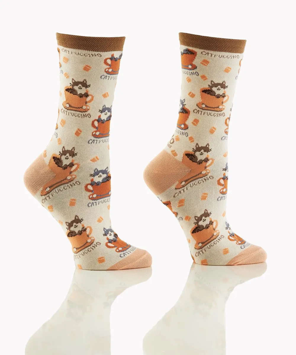 "Catpuccino" Cotton Dress Crew Socks by YO Sox - Medium