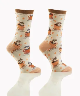 "Catpuccino" Cotton Dress Crew Socks by YO Sox - Medium