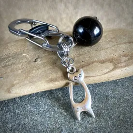 Shungite Bead Cat Pendant, Silver Kitty Charm, Carabiner Clip for Collar