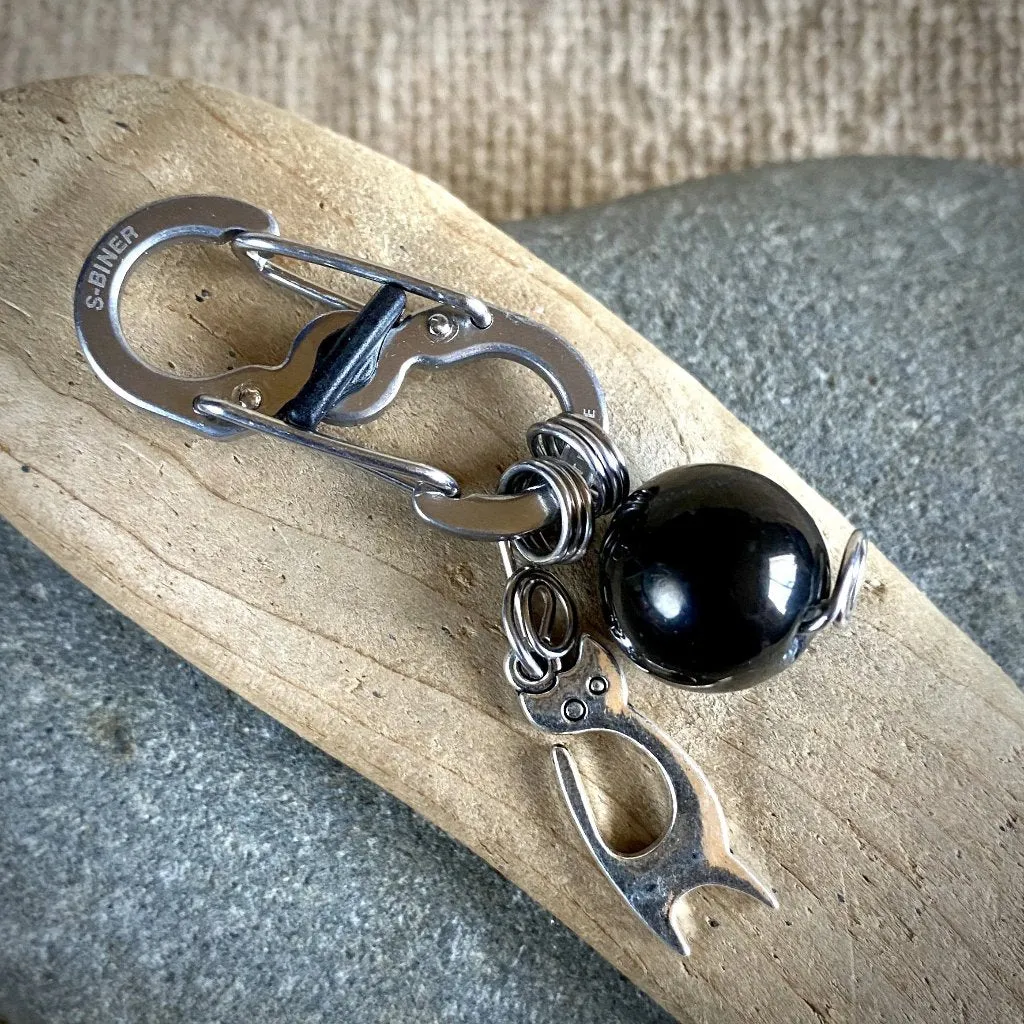 Shungite Bead Cat Pendant, Silver Kitty Charm, Carabiner Clip for Collar