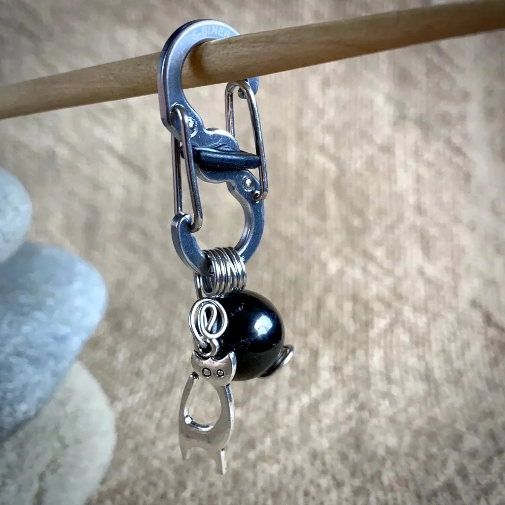 Shungite Bead Cat Pendant, Silver Kitty Charm, Carabiner Clip for Collar